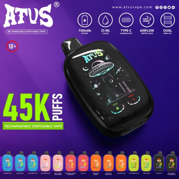 ATVS Smart Touch Screen 45000 PUFFS – 38 ml, 750 mAh Baterija & Dotikovni Zaslon